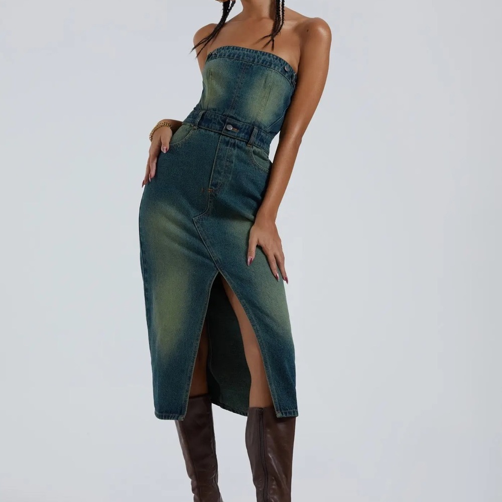 Jaded London LIBERTY 2 IN 1 DETACHABLE DENIM BLUE MIDI DRESS